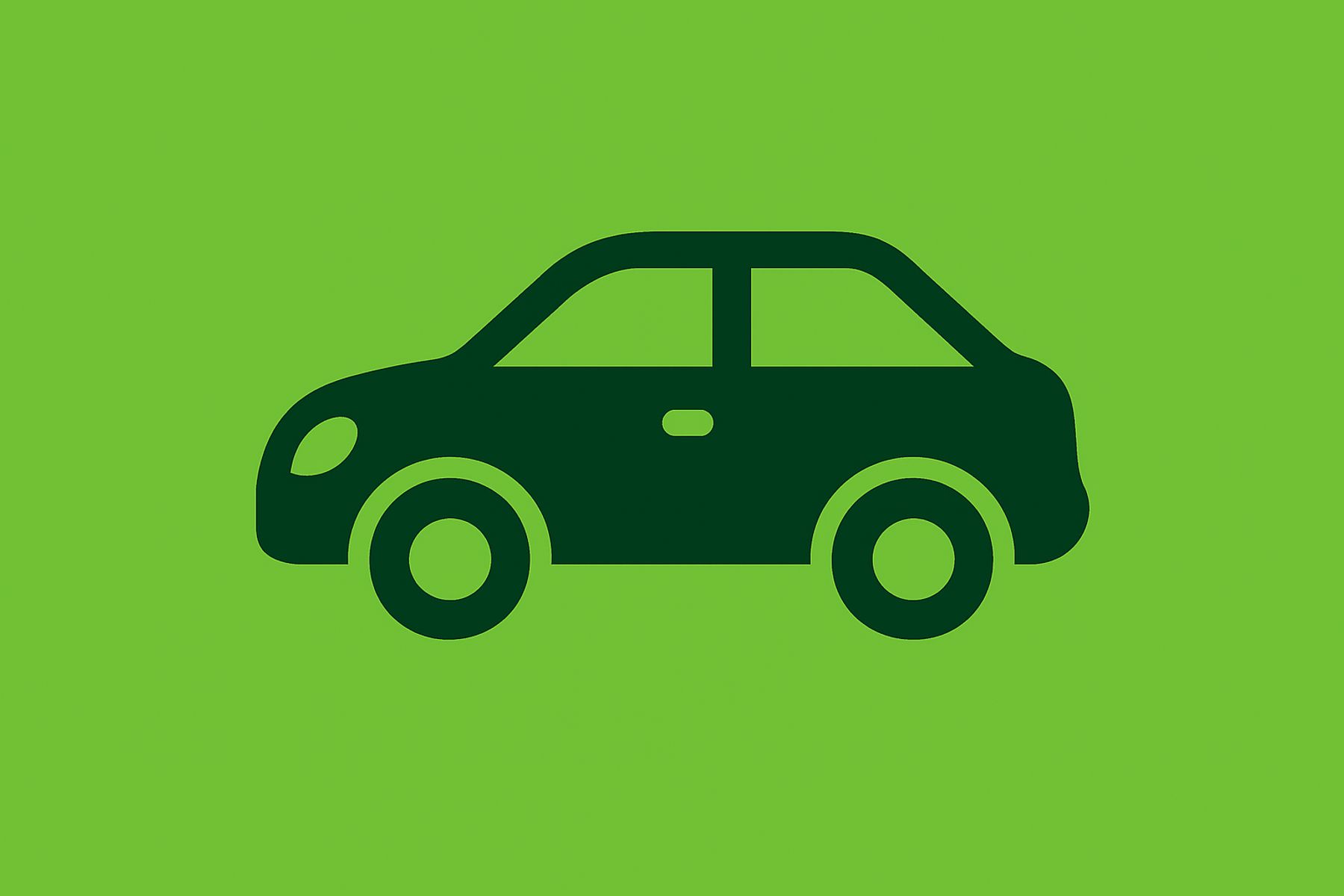 Ein einfaches schwarzes Autosymbol mit zwei Rädern und Fenstern wird auf einem soliden grünen Hintergrund angezeigt.